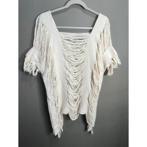 Womens Grunge Blouse Fringe Y2K Boho Whimsy Sz L Coquette Cottage Cream - Picture 1 of 9